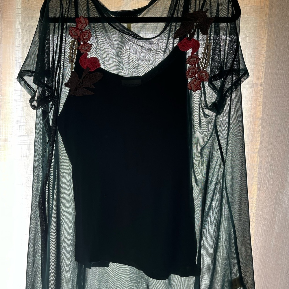 Elegant Black Sheer Top with Red Floral Accents